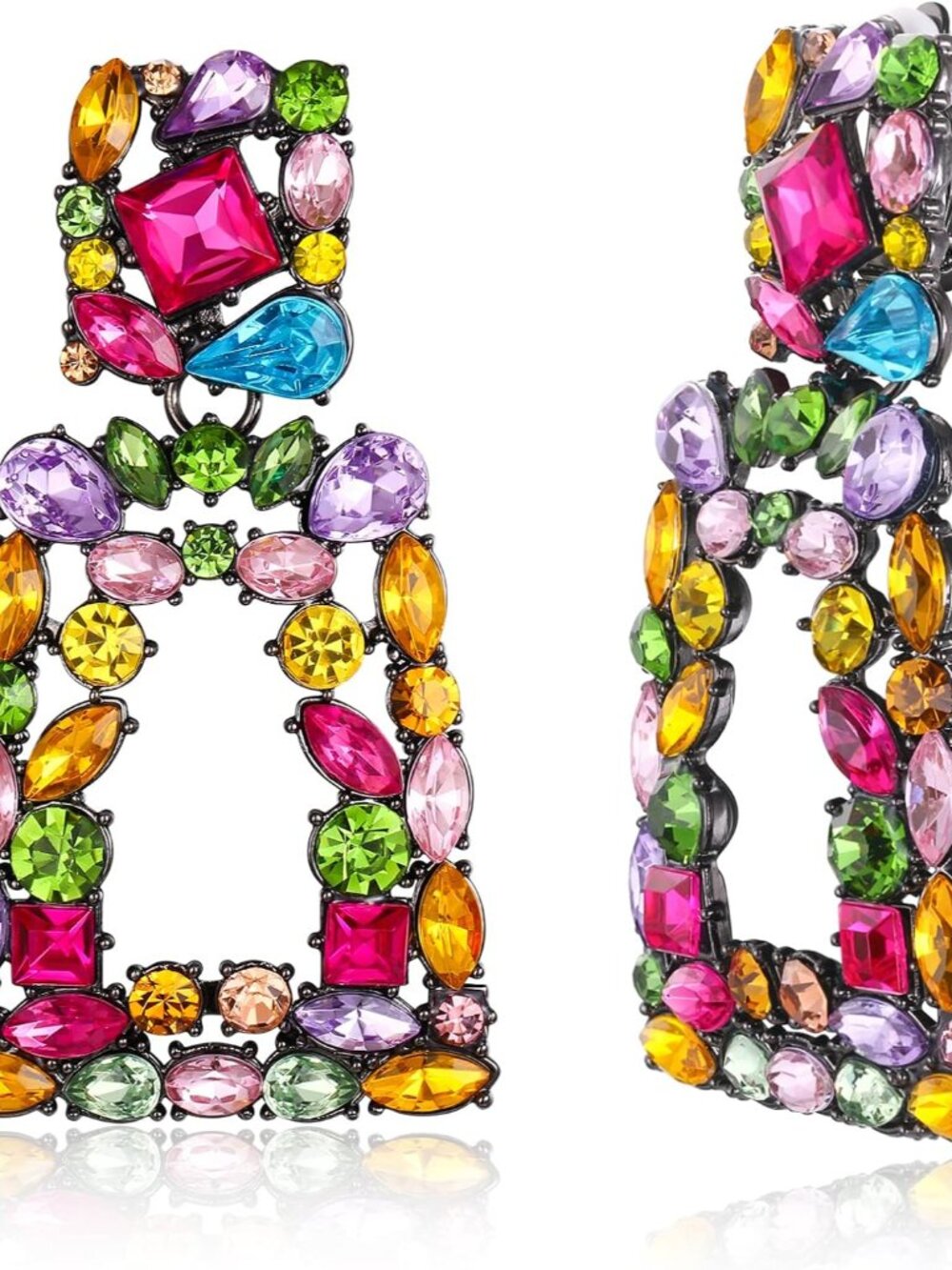 Rectangle Clip-on Drop Earrings for Women, Sparkly Rhinestone Crystal Geometric